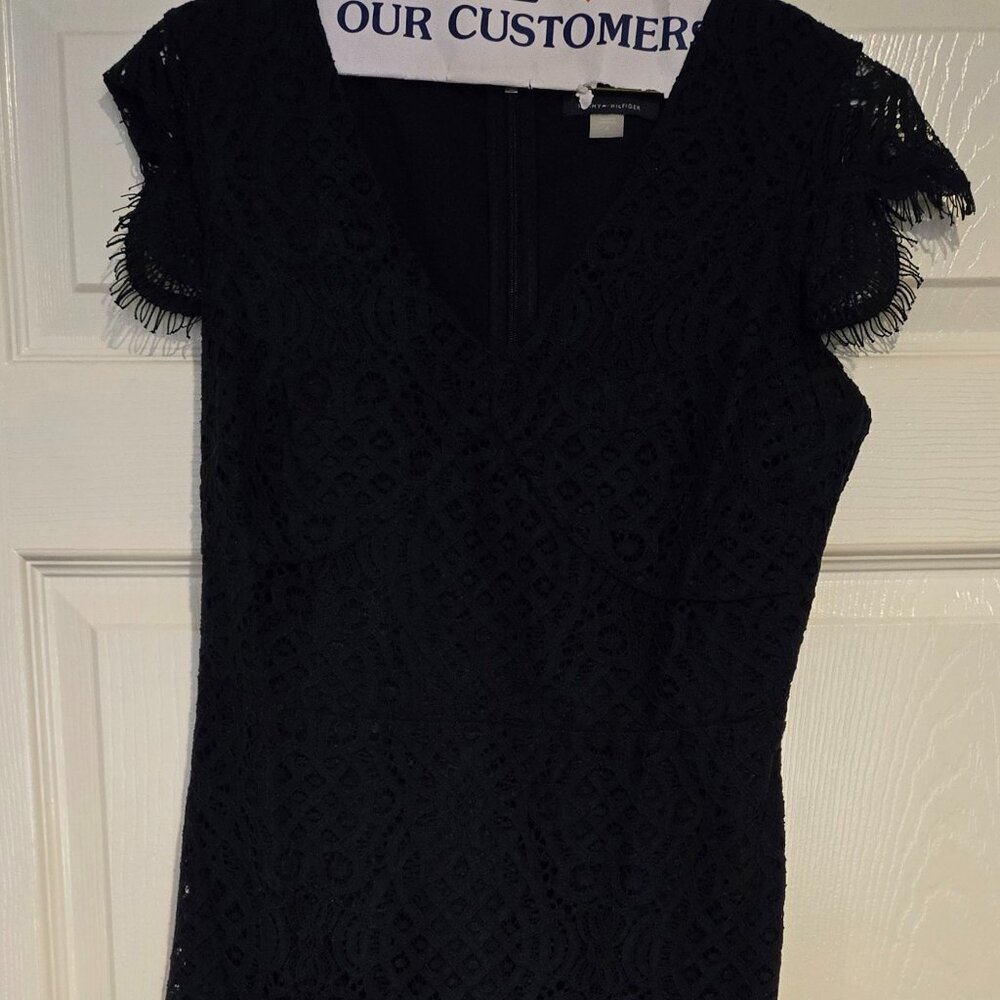 Tommy Hilfiger Eyelet Sleeveless Fit and Flare Dress, Navy, 4